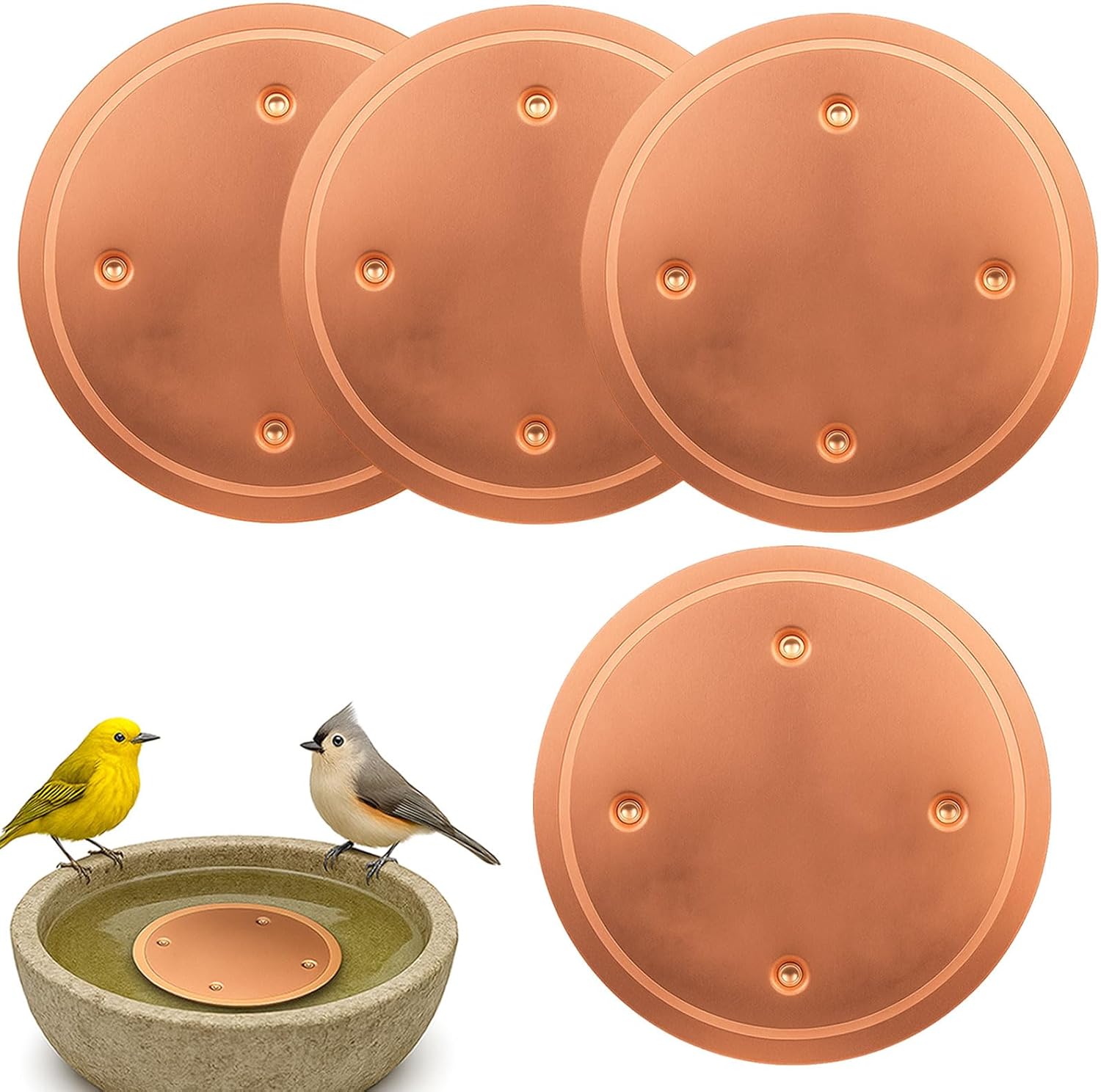 4 Pcs Bird Bath Copper Disk, 0.6mm Premium 99.99% Copper Insert with Raised Point, Fits Most Bird Baths for Outdoor Garden Backyard (4” Diameter)