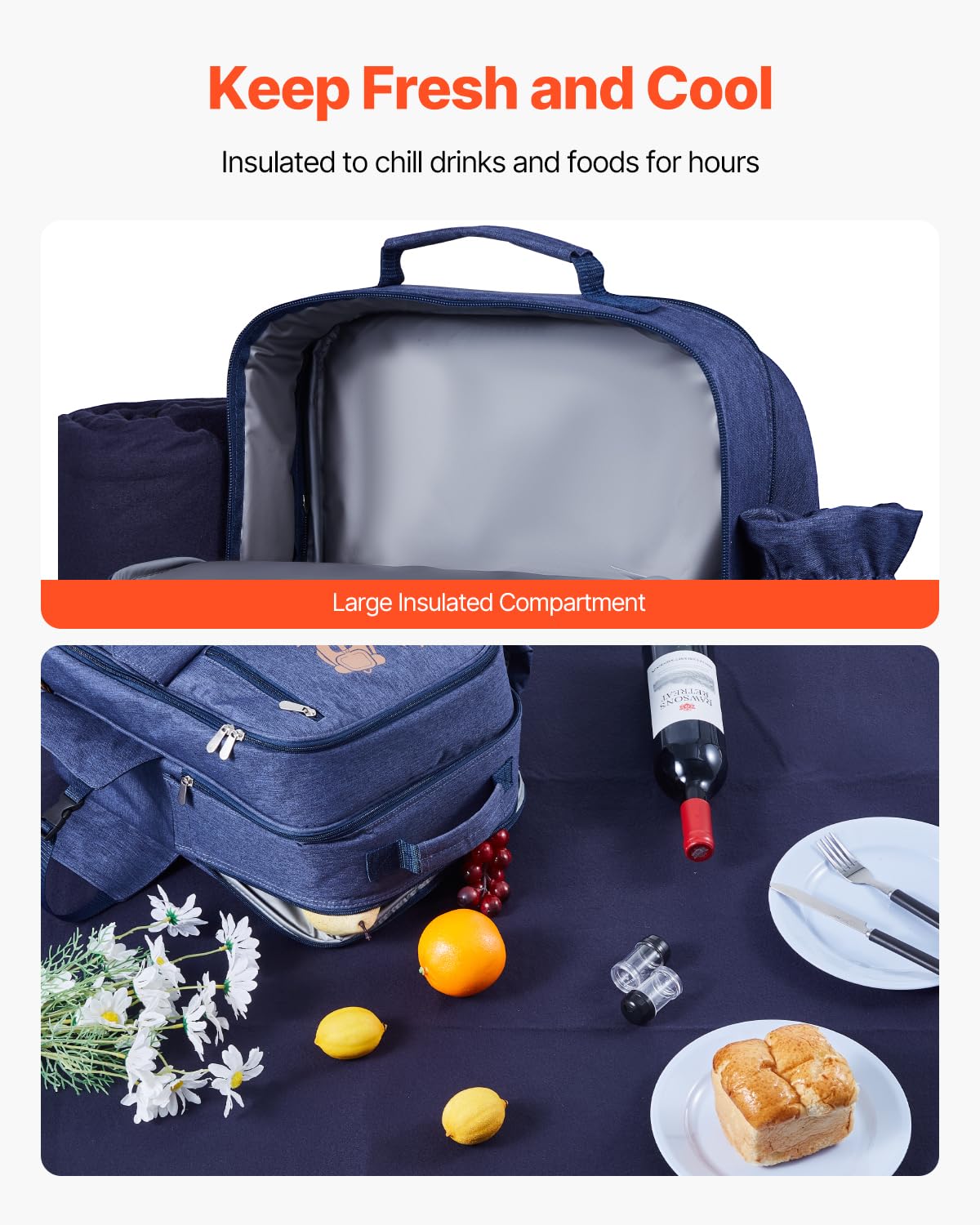 VEVOR Zaino da Picnic per 4 Persone, Capacità di 20 L Borsa da Picnic da Spiaggia con Portabottiglie Vino Staccabile, Coperta Leggera, Piatti e Sei di Posate per Esterni, Blu Marino