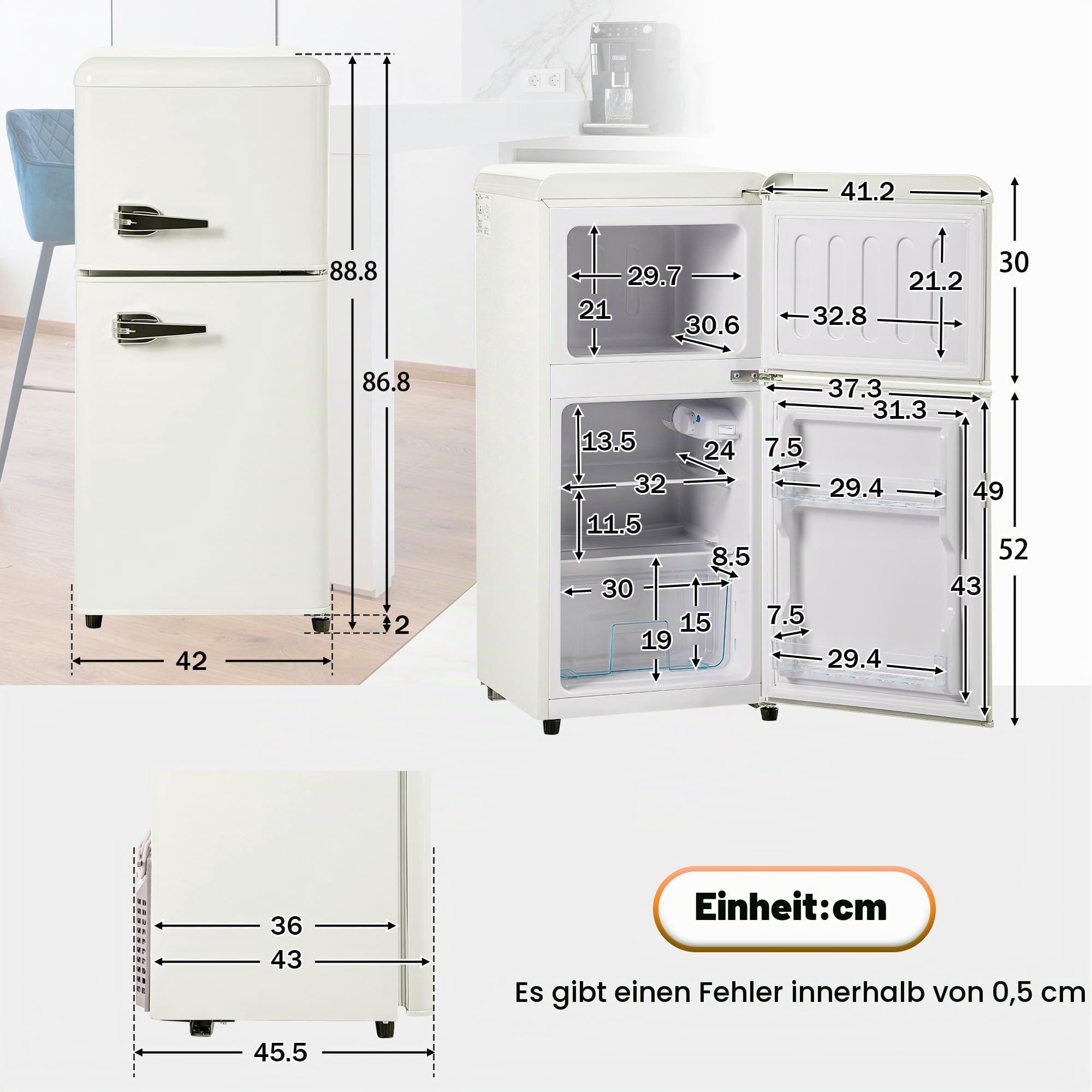Merax Kühlschrank mit Gefrierfach, Kühl-Gefrierkombination, 60 Liter Doppeltür Kühlschrank, 22L Gefrierschrank, 45dB, LED, Gemüsefach, Türablagen, Retro-Griff, für Familie, Büro, Restaurant, Cremeweiß