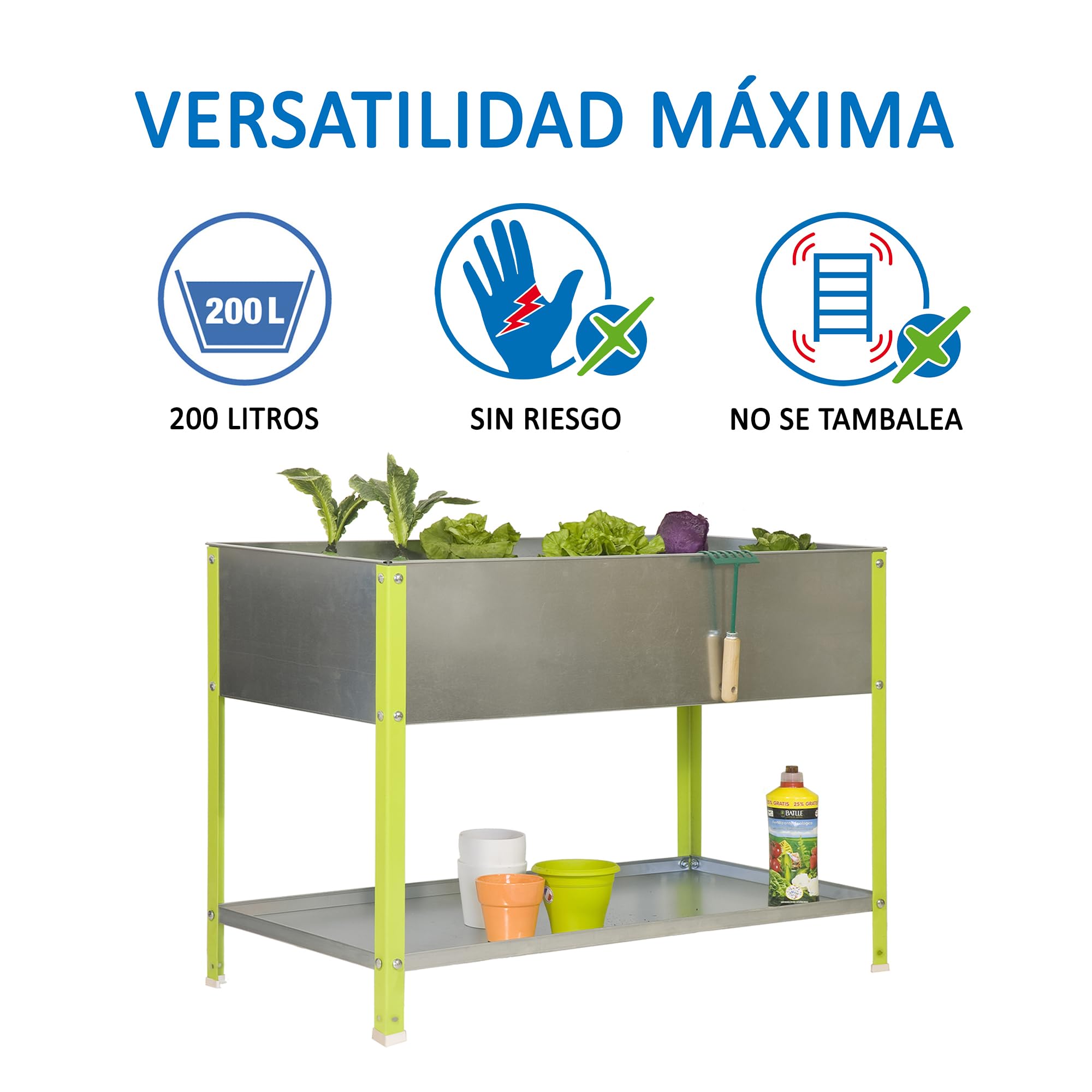 SimonRack Huerto Urbano Terraza Exterior, Agujeros Drenaje, Capacidad 200 L, Medidas 850x1200x600 mm, Huerto Metálico, Verde/Galvanizado -Simon Garden