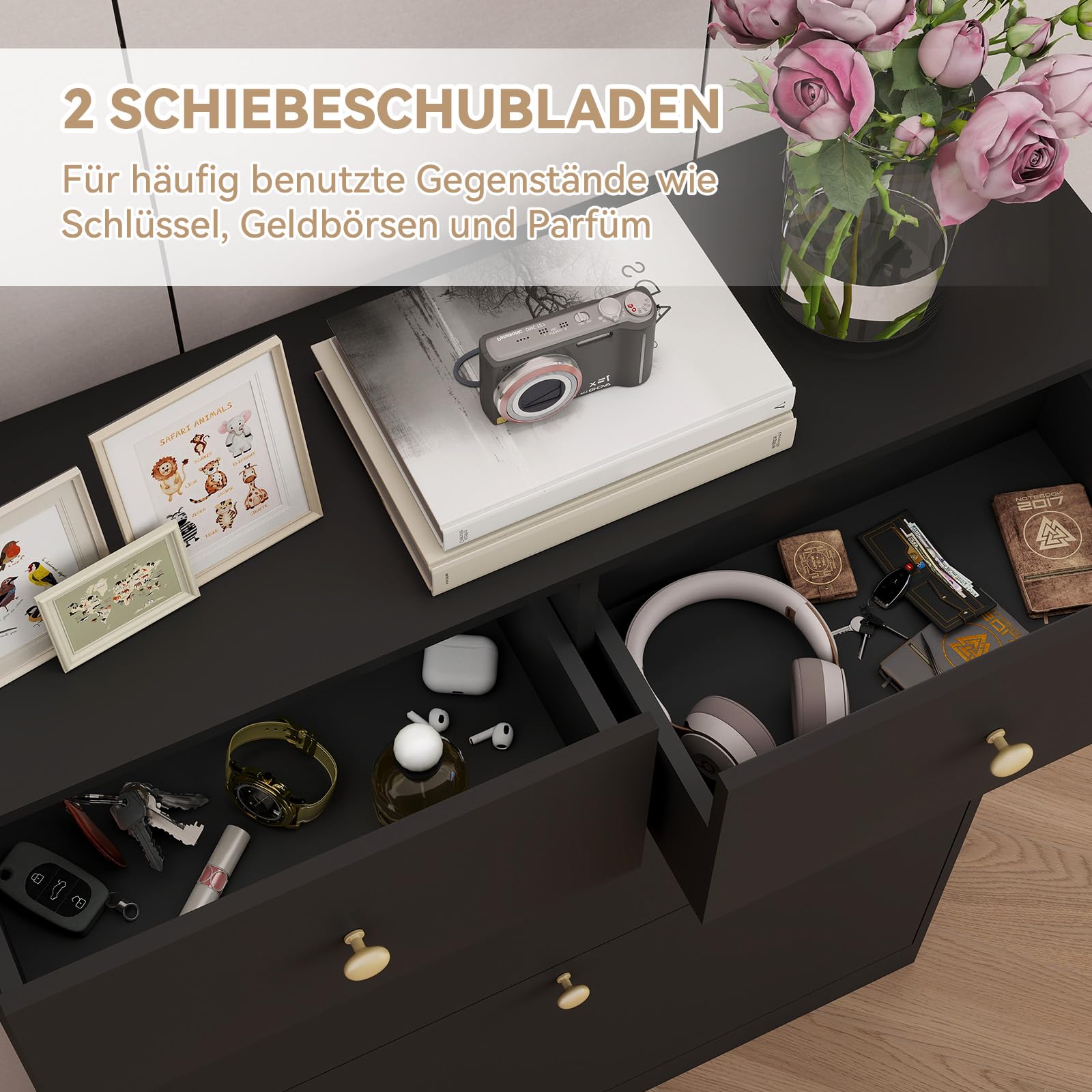 YOURLITE Schuhschrank Schmal,Schuhkipper,2 Klappen & 2 Schubladen,Schwarz | Platzsparender Schuhkipper Holz,Schuhkommode,Trennwand Verstellbar,für Flur,Eingang,Diele,Wohnzimmer,80x24x106cm