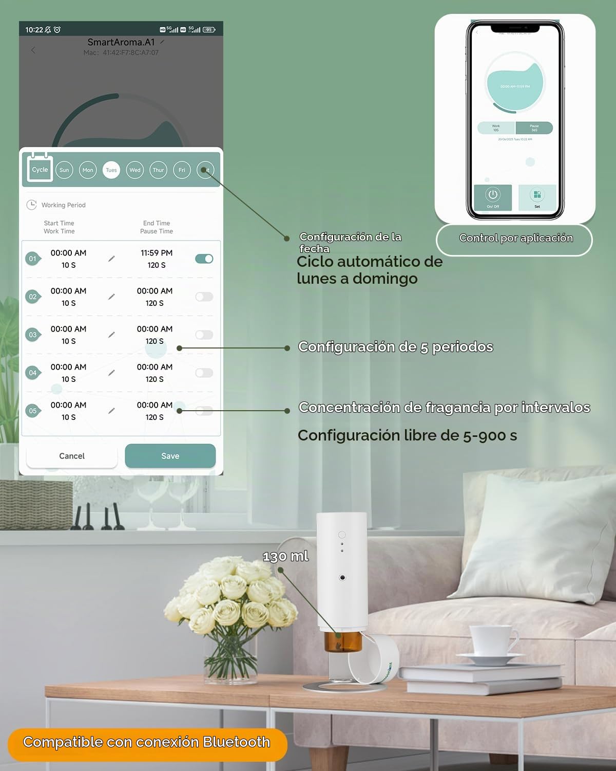 Mxmoonant Difusor de Aromas, Sin Agua, 30-60㎡, 130ml, Electrico Ambientador de Pared, Control de Aplicación, para Hogar, Tienda, Oficina, Hotelaria, Restaurante | Sin agua, 100-200 m³, control de aplicación/WiFi, para el hogar, la oficina, la tienda