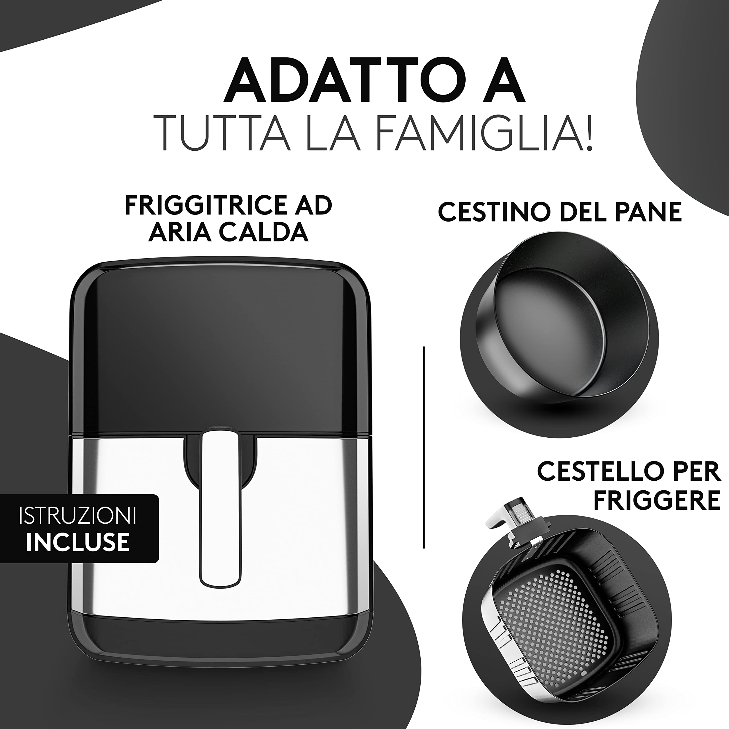 VANDENBERG Friggitrice ad aria calda - 5,5L - 12 programmi - 1700W - Airfryer - Senza olio&grasso - Cestello per pane&frittura - Rivestimento antiaderente, Touchscreen, Cool-Touch