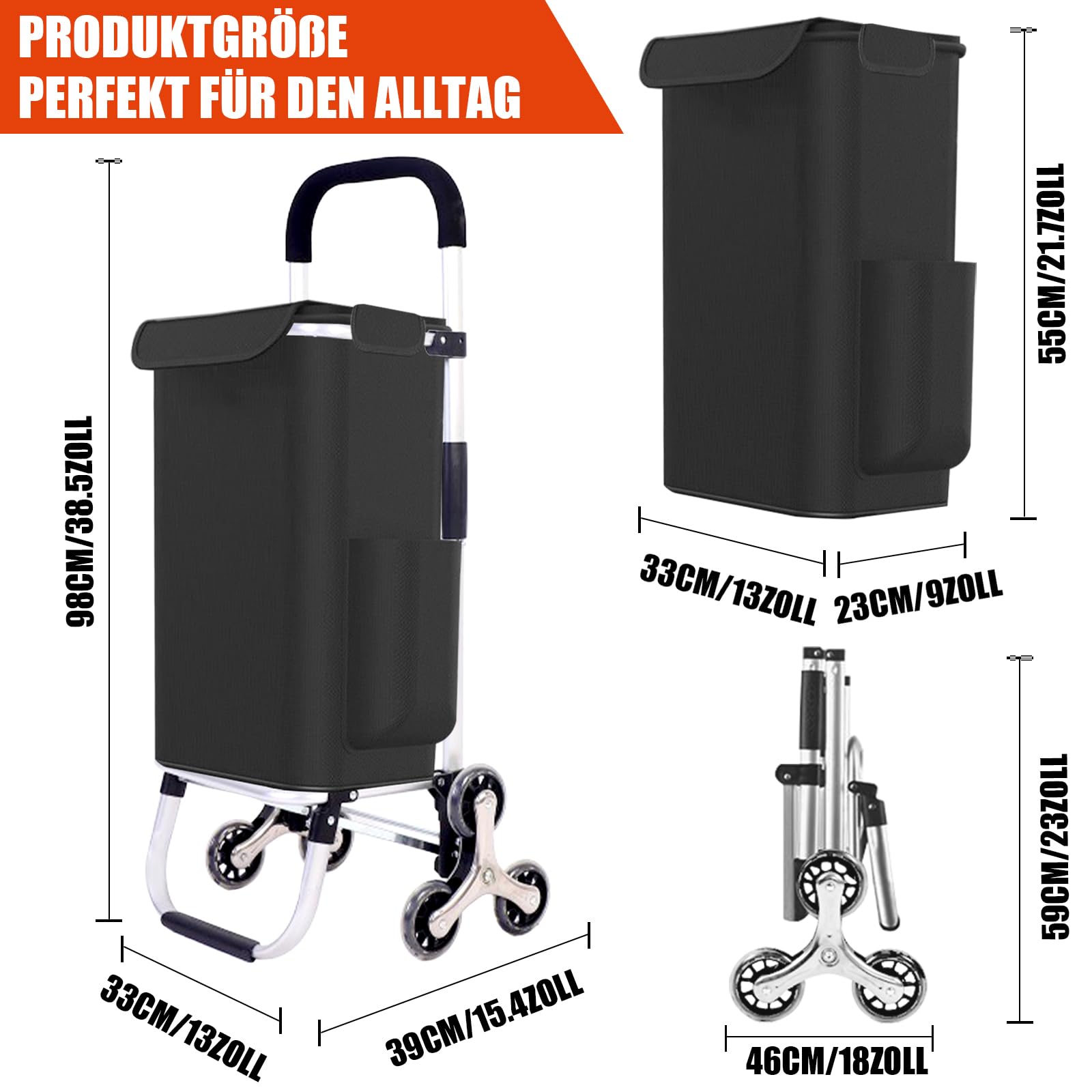 Einkaufstrolley Klappbar, 2 in1 Trolley zum Einkaufen, bis 50 kg, 56 l Kiste | Einkaufstasche mit 6 Rollen | Klappbarer Shopper | Klappbar Tasche abnehmbar | Einkaufsroller, Handwagen | Schwarz