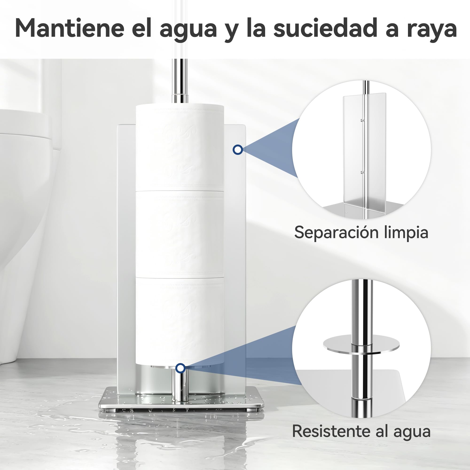 Portarrollos de pie con escobilla para inodoro - Portaescobilla y soporte para rollos de papel higiénico de pie con estante de vidrio, sin necesidad de taladrar, juego de accesorios para inodoro de