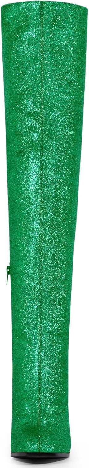 Allegra K Women's Green Glitter Boots Round Toe Chunky Heel Over the Knee High Boots 8.5 m US