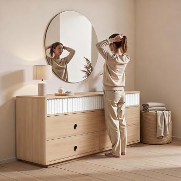 6 Drawer Chest of Drawers - 160cm Wooden Hallway Storage Unit, Thickened Multi-Layer Solid Wood Bedroom Bedside Cabinets in Beige Oak Finish