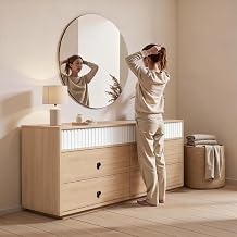 6 Drawer Chest of Drawers - 160cm Wooden Hallway Storage Unit, Thickened Multi-Layer Solid Wood Bedroom Bedside Cabinets in Beige Oak Finish