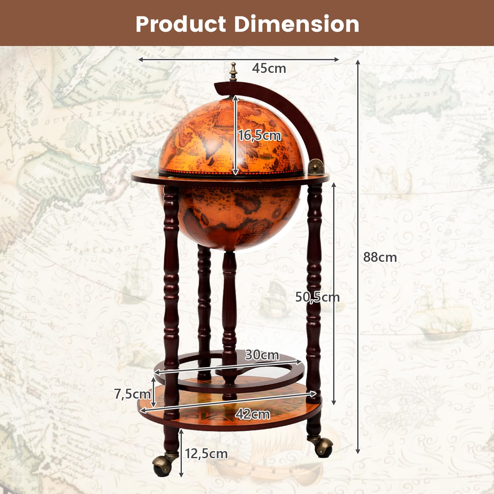 GIANTEX Gabinete de Vino Móvil en Forma de Tierra, con Doble Capa y Tres Ruedas, Madera de Eucalipto, Pueden Almacenar Botellas de Vino y Vasos, Utilizar en Salas de Estar, Bares y Restaurantes