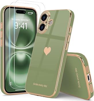Teageo Cute Heart Girly Design Case for iPhone 17, Light green | with 2 Screen Protectors, Luxury Bling Plating Phone Case, Soft TPU Cover, Shockproof Bumper, for Women Girls