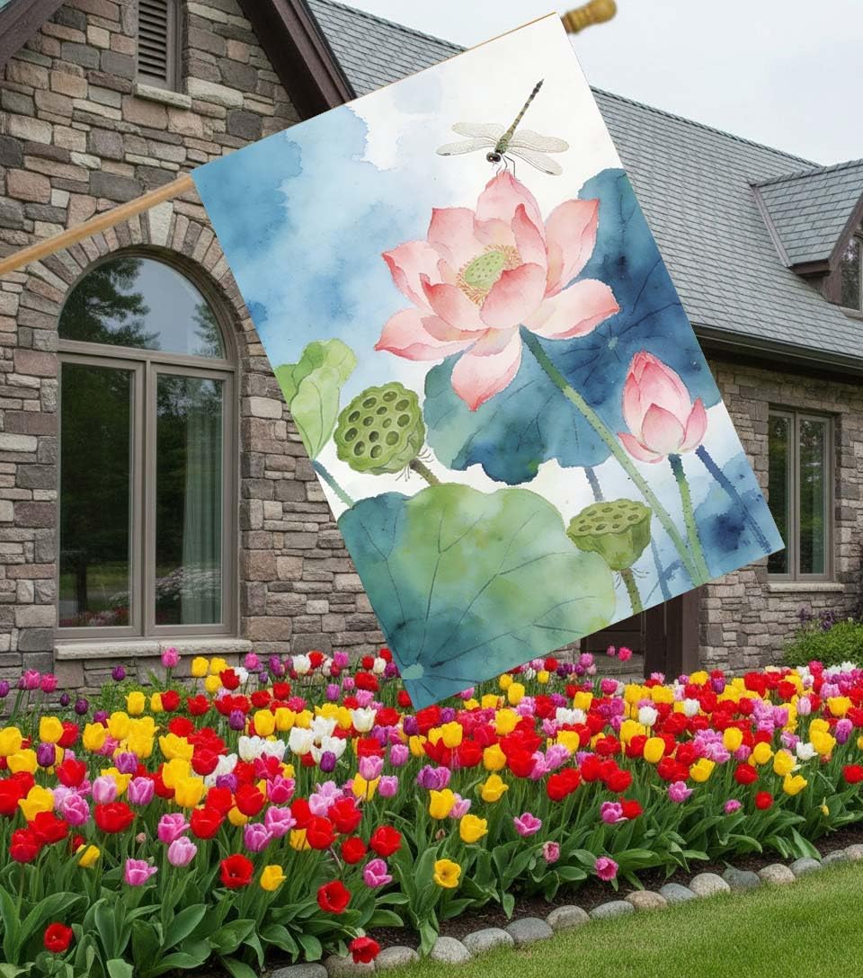 Retro Watercolor Painting of Summer Spring Floral Flowers Lotus Dragonfly House Flag 28 x 40 Inch, Double Sided Large Garden Yard Welcome Flags Banners for Home Lawn Patio Outdoor Decor
