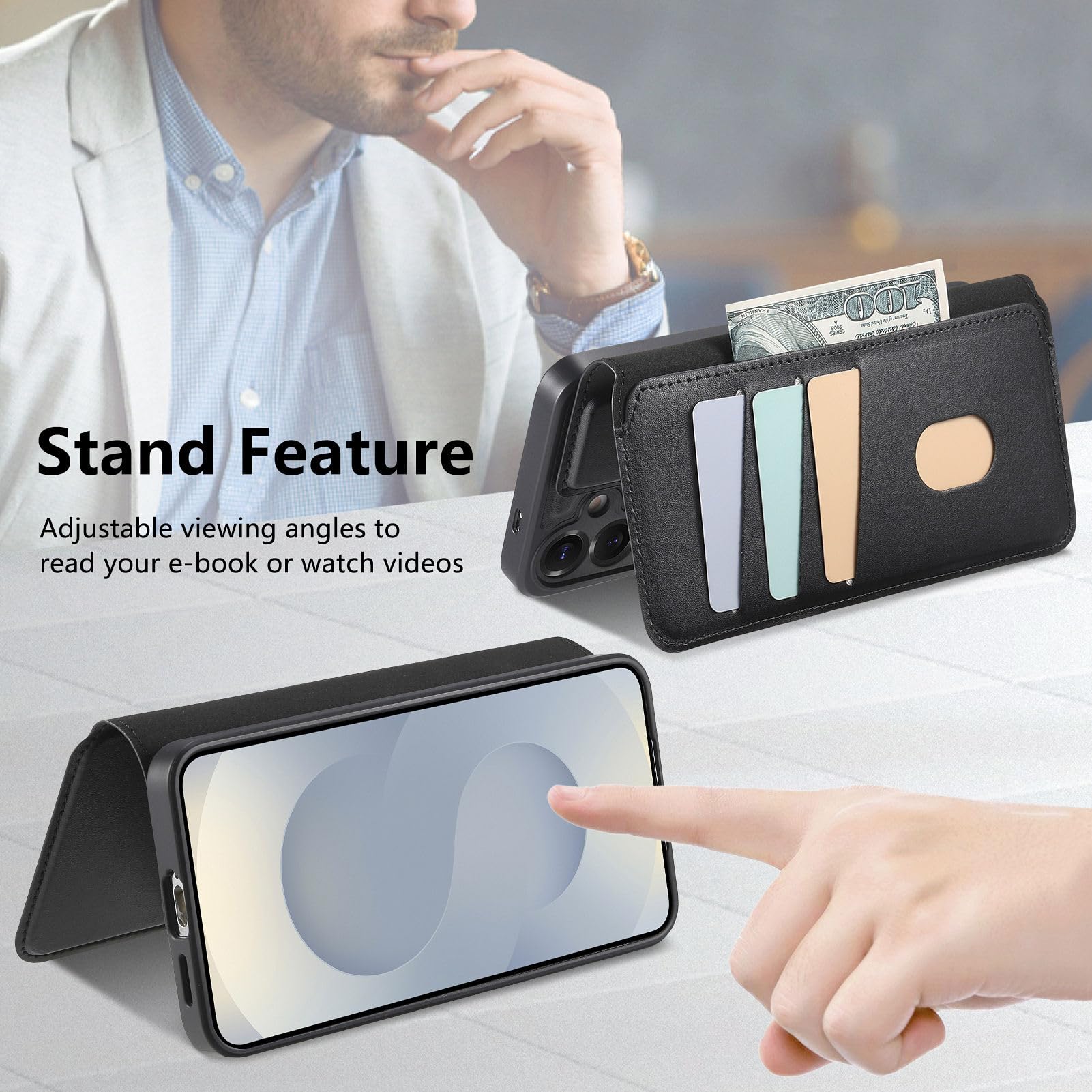 COQUE Samsung Galaxy S26 Magnetic Wallet Case With Elastic Wrist Strap, Built-in Card Holder and Adjustable Stand, Shockproof Protective Cover for Samsung Galaxy S2