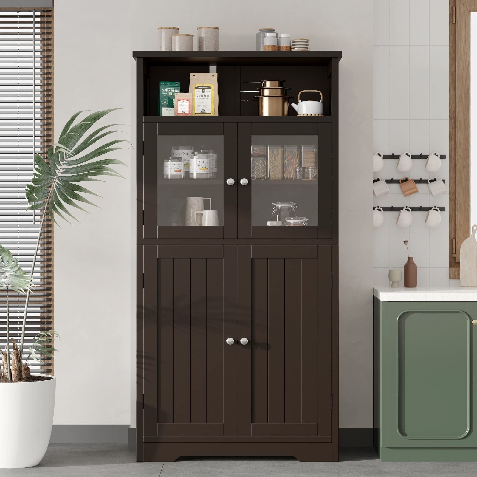 Irontar Bathroom Storage Cabinet, Freestanding Floor Cabinet with Open Shelf, Display Cabinet with Doors, Kitchen Cupboard Storage Organizer for Bedroom, Bathroom, Living Room, Brown CWG007Z