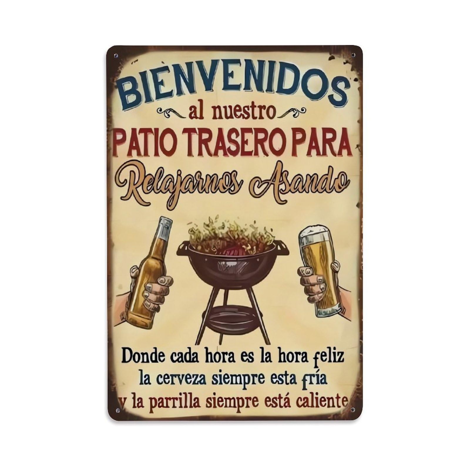 Spanish Backyard BBQ & Beer Vintage Metal Sign Vintage Aluminium Metal Sign, Retro Wall Decor for Home, Bar, Garage & Farmhouse 30x20cm