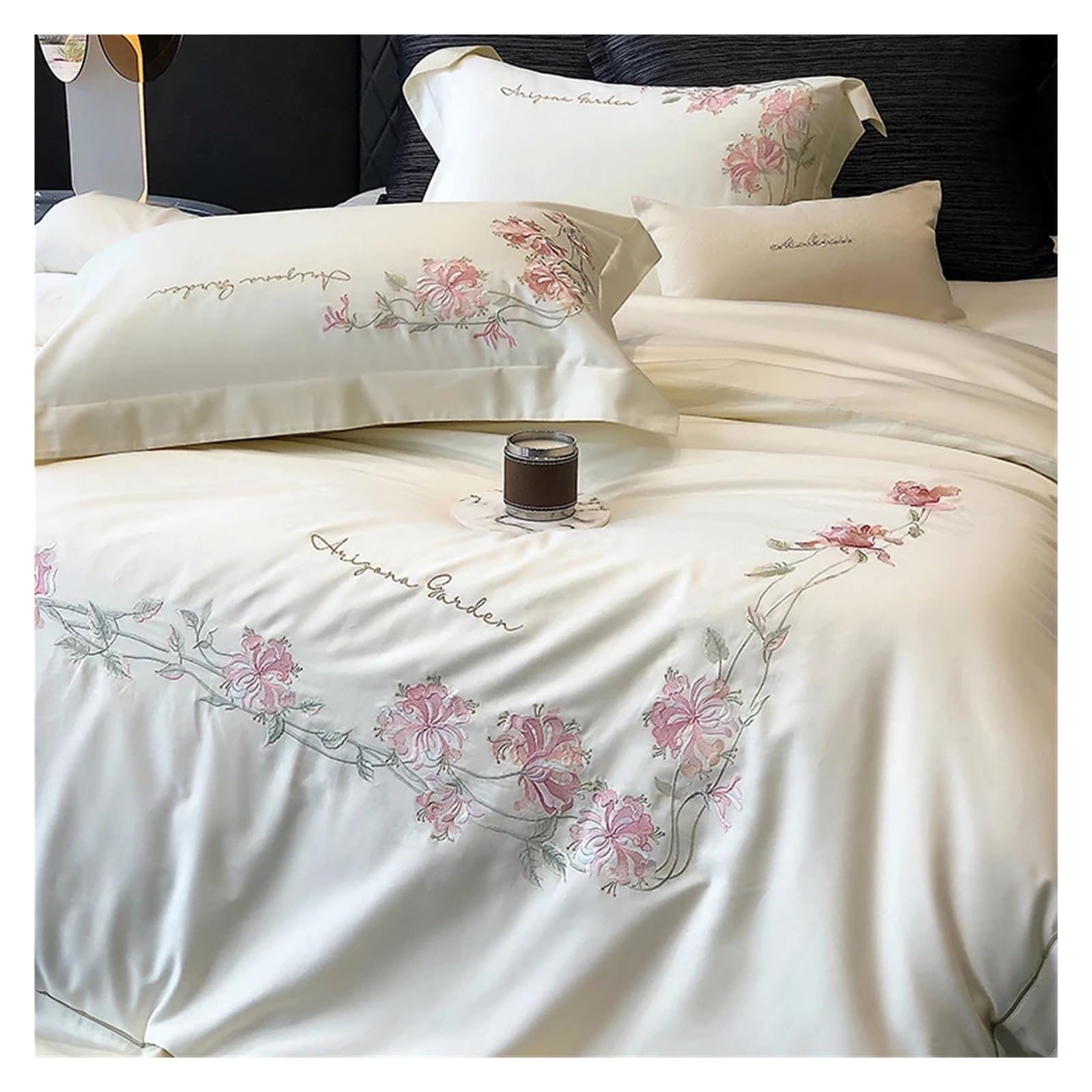Sbcgfy White Bed Four Pieces Set, 100S Egyptian Long Staple Cotton Flowers Embroidery Bedding Set Duvet Cover Set Flat/Fitted Bed Sheet Pillowcases,-Flat Bed Sheet-King 4Pcs