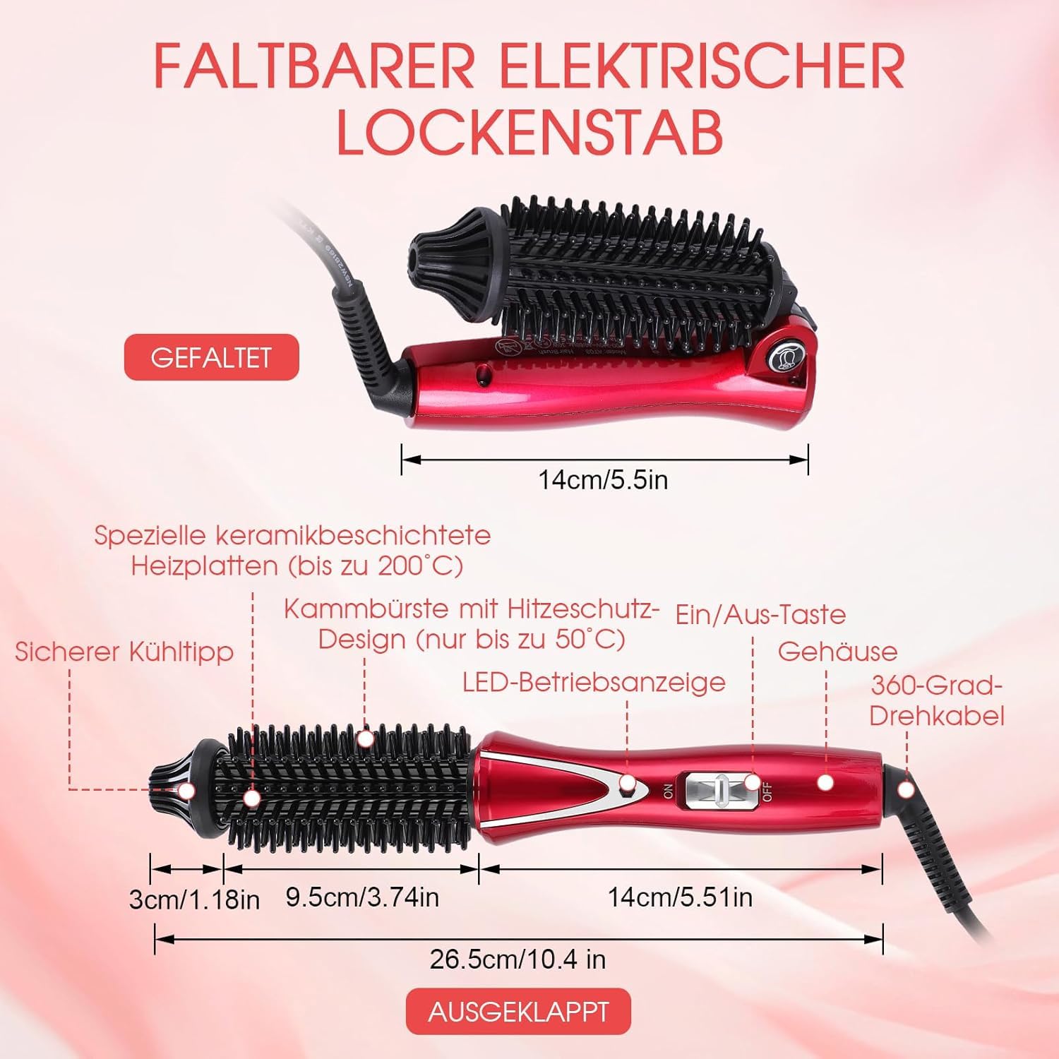 Rizador Eléctrico, Plancha de Pelo Plegable de 30 W con Cerámica Turmalina PTC, Cable Giratorio de 360°, Dientes Sin Plancha (Rojo Vino, Compacto y Portátil)