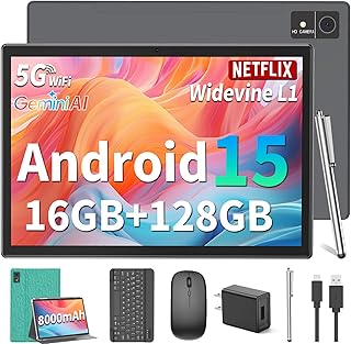 Suicoey Android 15 Tablet with Keyboard - 10 inch Tablet, 16GB+128GB, 1TB Expand, Octa-Core, 2.4G/5G WiFi, 8000mAh, BT V5.0, GMS Certified, Widevine L1, Split Screen, with Case