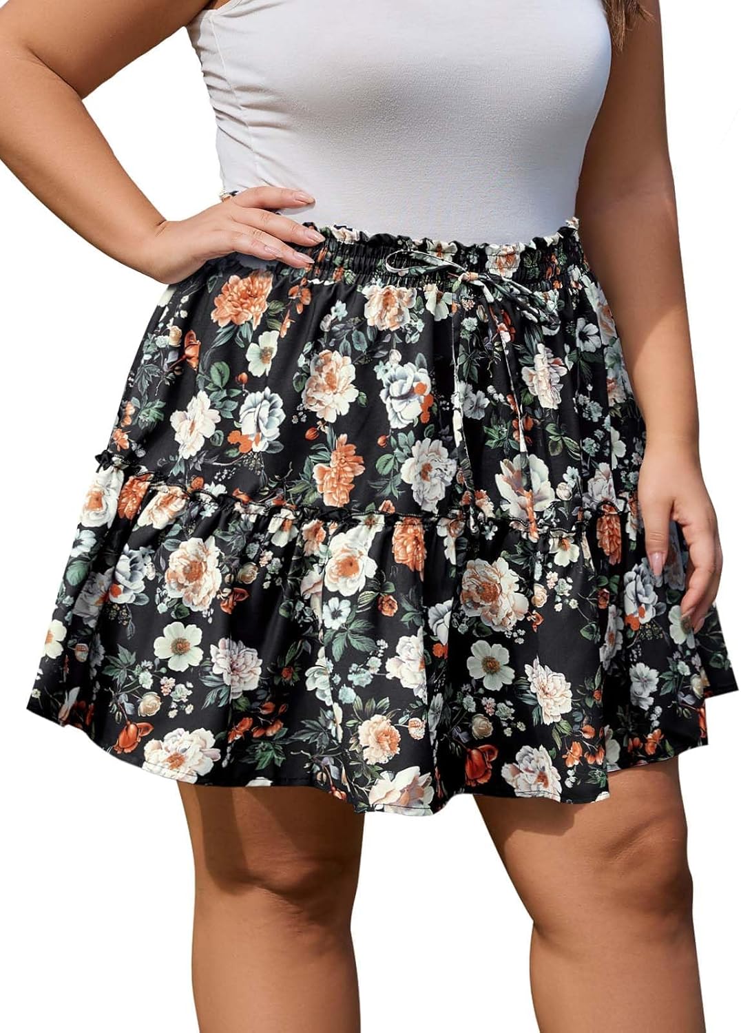 Women's Plus Size Floral Tiered Mini Skorts Ruffle Flowy High Waisted Shorts Boho Beach Summer Skirts with Pockets