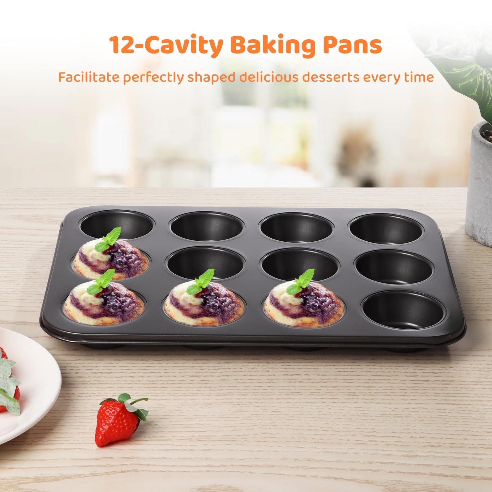 2 mini moldes para tartas de queso, moldes antiadherentes para magdalenas de 12 cavidades con parte inferior extraíble, acero al carbono, 13.8 x 10.4 pulgadas, juego para hornear