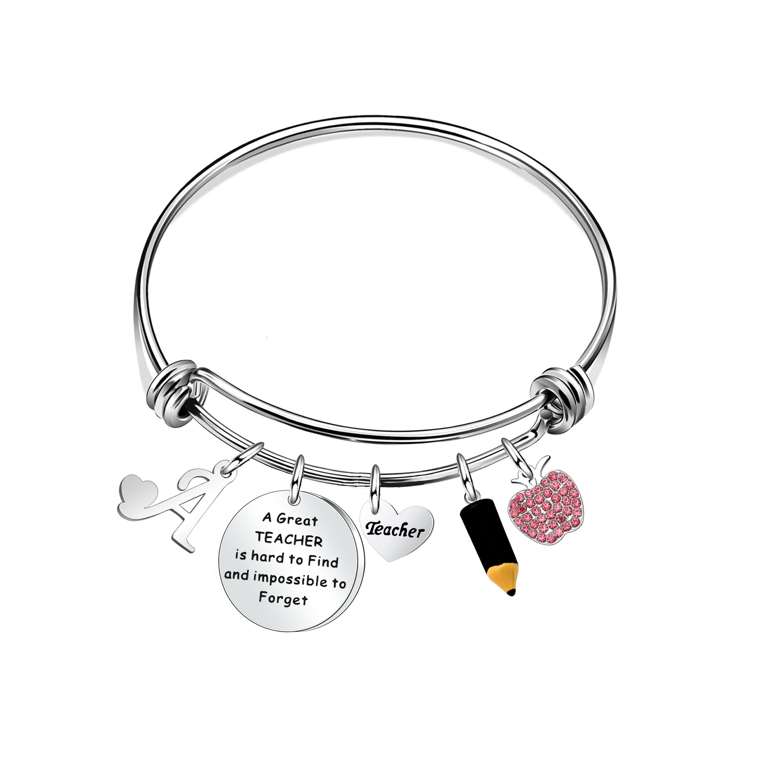 Thank You Silver A - Z 26 Initial Dangle Bangle Gift For Teacher's Day Thanksgiving Day,Student Back To School End Of Term Graduation Season Gift For Teacher