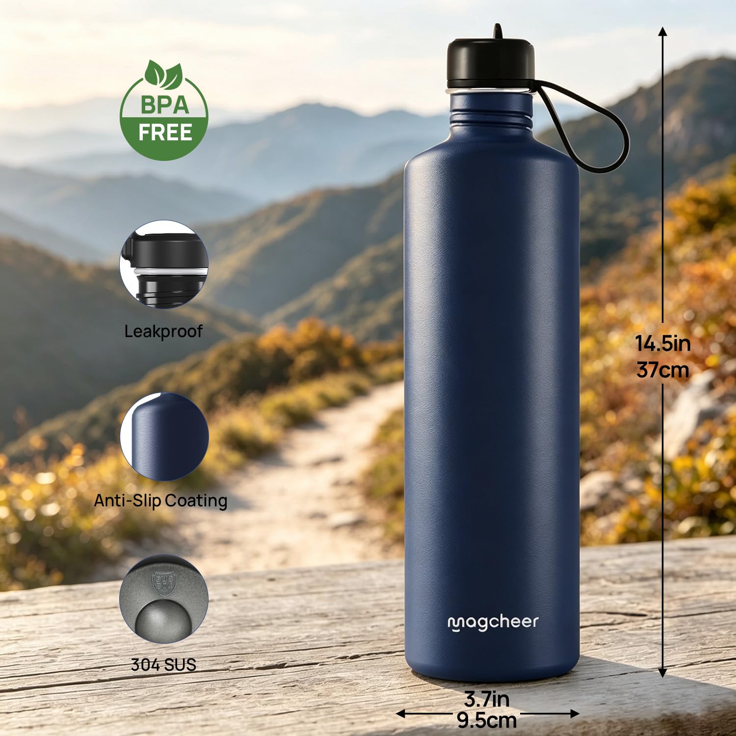 magcheer Non Isotherme Gourde Inox 2l avec Paille et 2 Couvercles | Grande Bouteille en Métal avec Sac | Étanche et sans BPA | Gourde Compatible Lave‑Vaisselle pour Randonnée et Camping(Bleu Foncé)