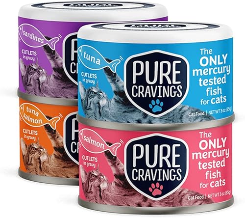 Pure Cravings Paquete variado de alimentos húmedos para gatos, atún, salmón, sardinas, atúnsalmón en salsa, 100% probado con mercurio, lata húmeda