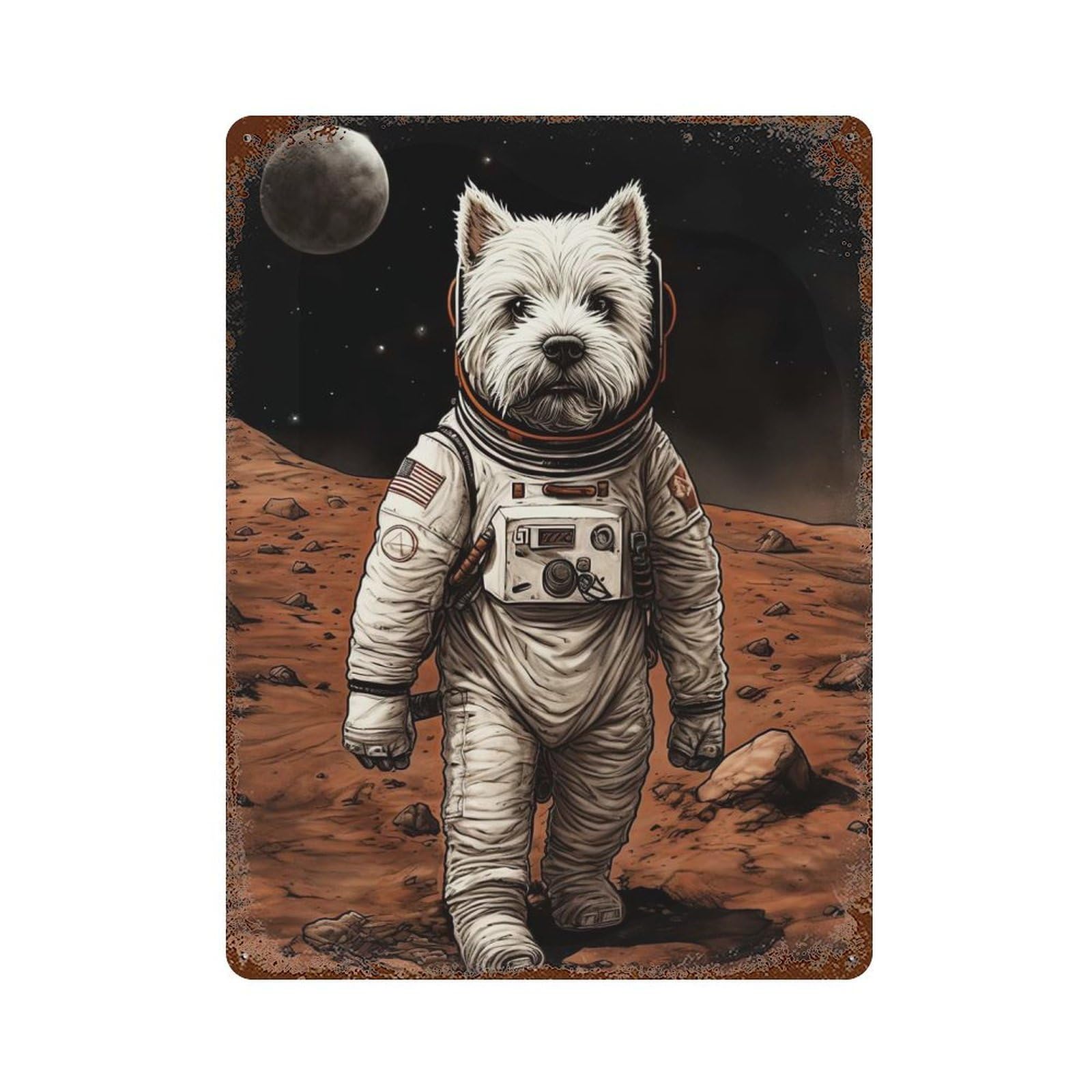 Garage Style Westie Astronaut On Mars Distressed Metal Wall Sign 15.7"x11.8", Vintage Wall Decor for Bar And Workshop