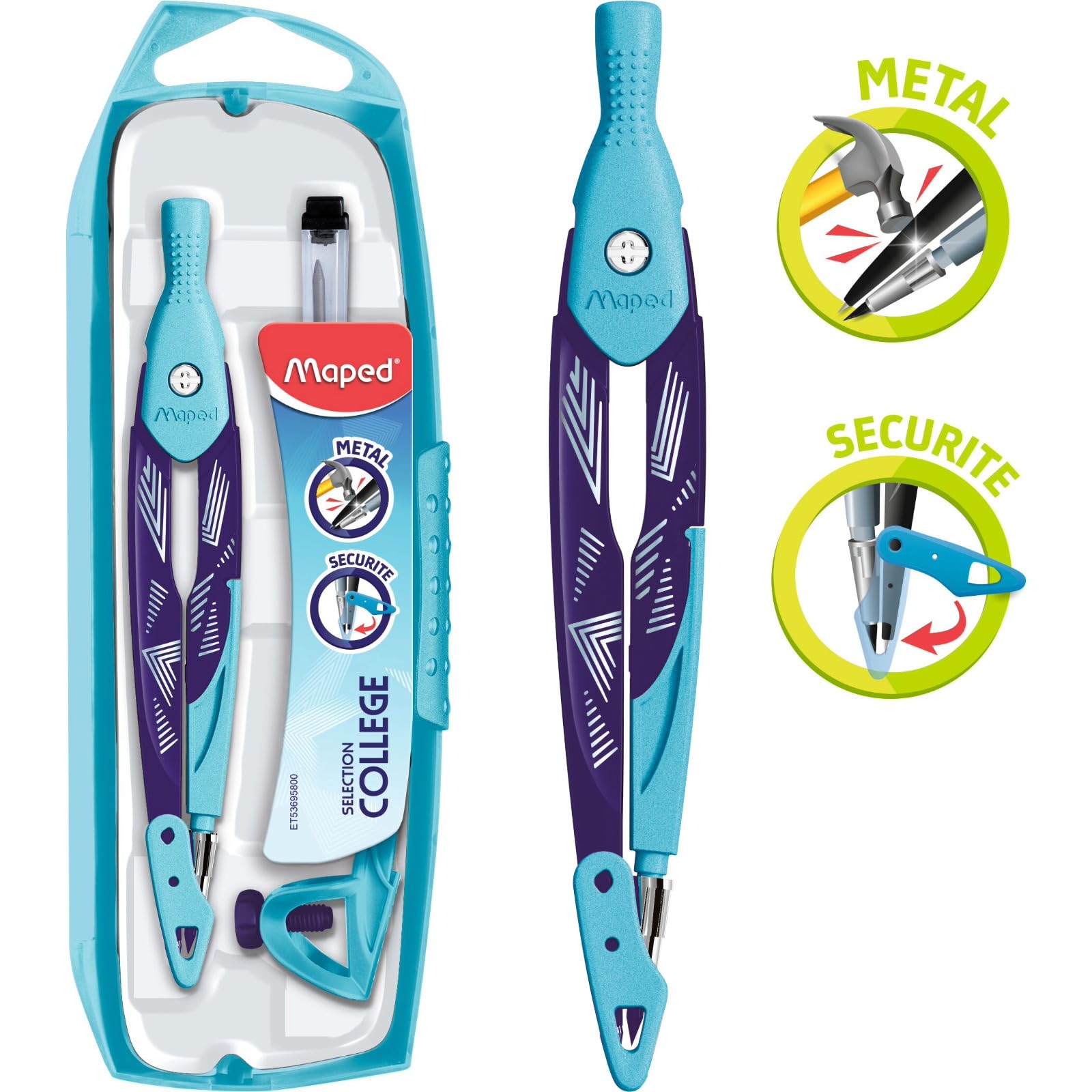 Maped Arctic Vibes - Estuche de Compás Open de 3 Piezas, Compás de Mina con Adaptador Universal (Anillo) y Tubo de Minas de Repuesto, Diseño de Escamas Metalizadas, Material Escolar de Precisión