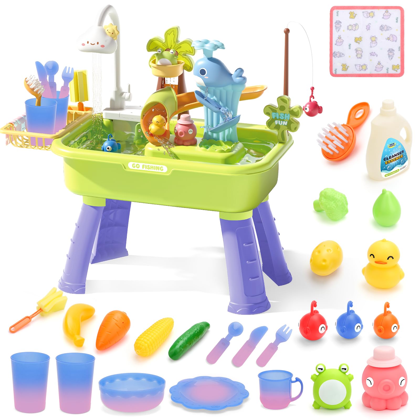 deAO Sand and Water Table Play Set, Multifunctional Dishwashing Sink, Fishing Game Toys, Color-Changing Tableware, Kitchen Accessories, Water Toys, Beach Pool Outdoor Play Toys, Gift for Kids 3+ — image 1