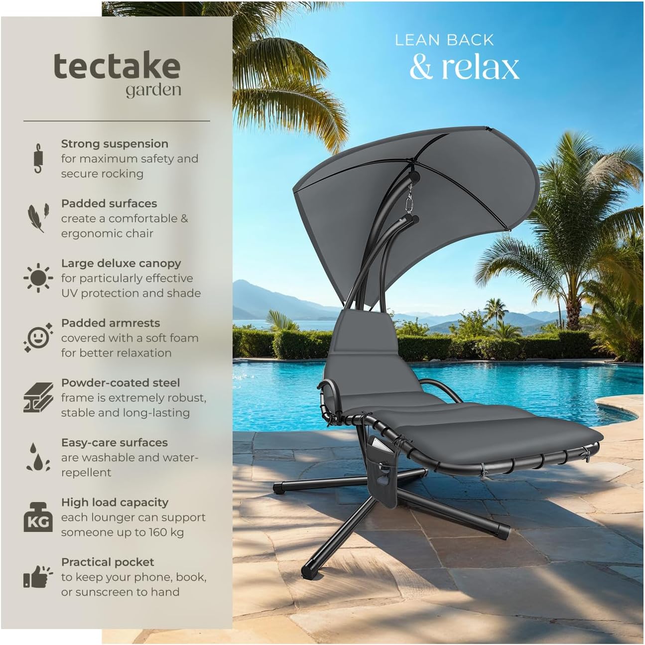 Features of TecTake Hanging Garden Chair including strong suspension and padded surfaces