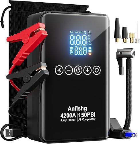 Arrancador portátil de batería de coche con compresor de aire, caja de salto de 4200 A 150 PSI (todo gasolina8L diesel), paquete de salto de 12 V