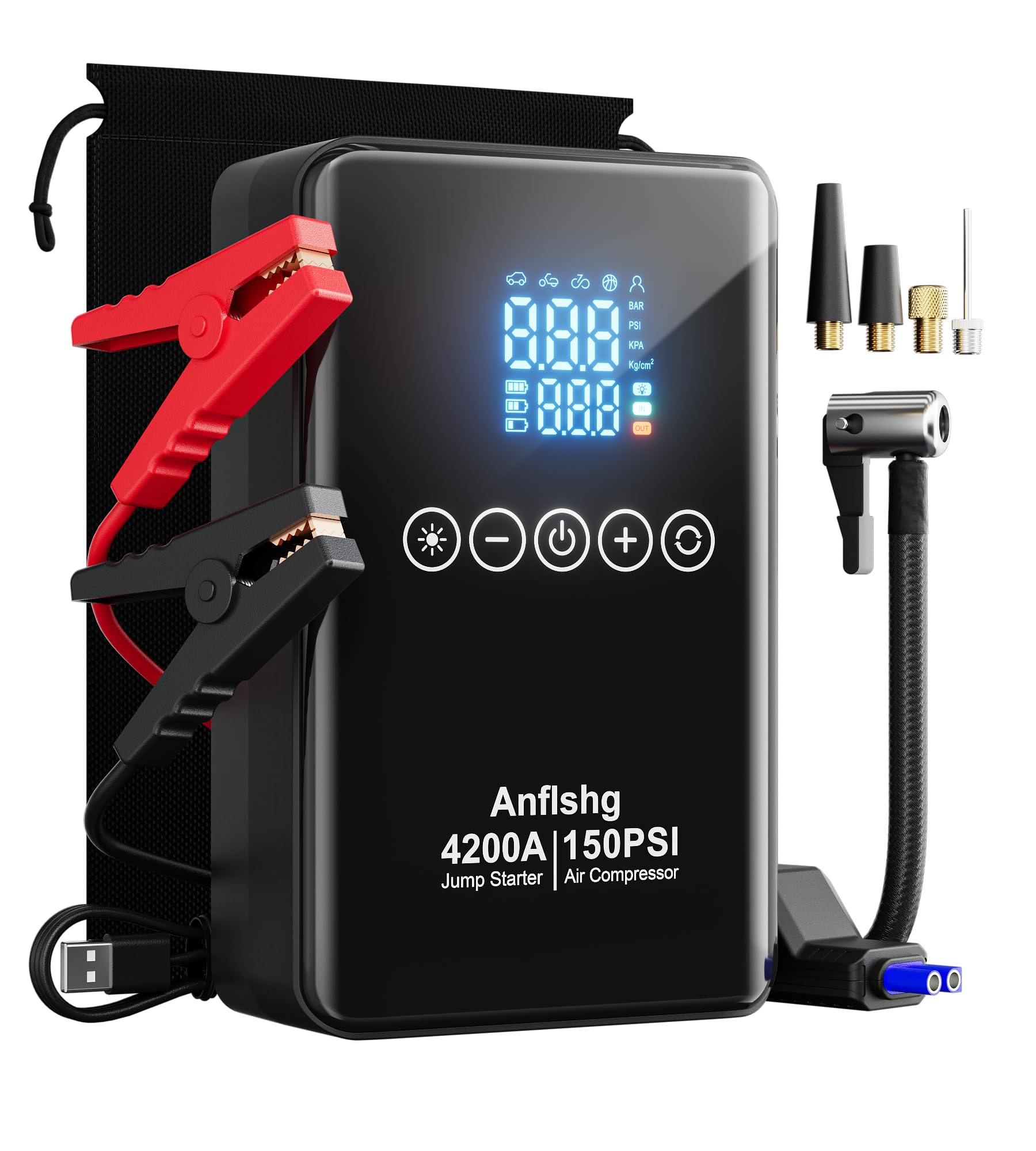 Portable Car Battery Jump Starter with Air Compressor 4200A 150 PSI Jump Box All Gas 8L Diesel 12V