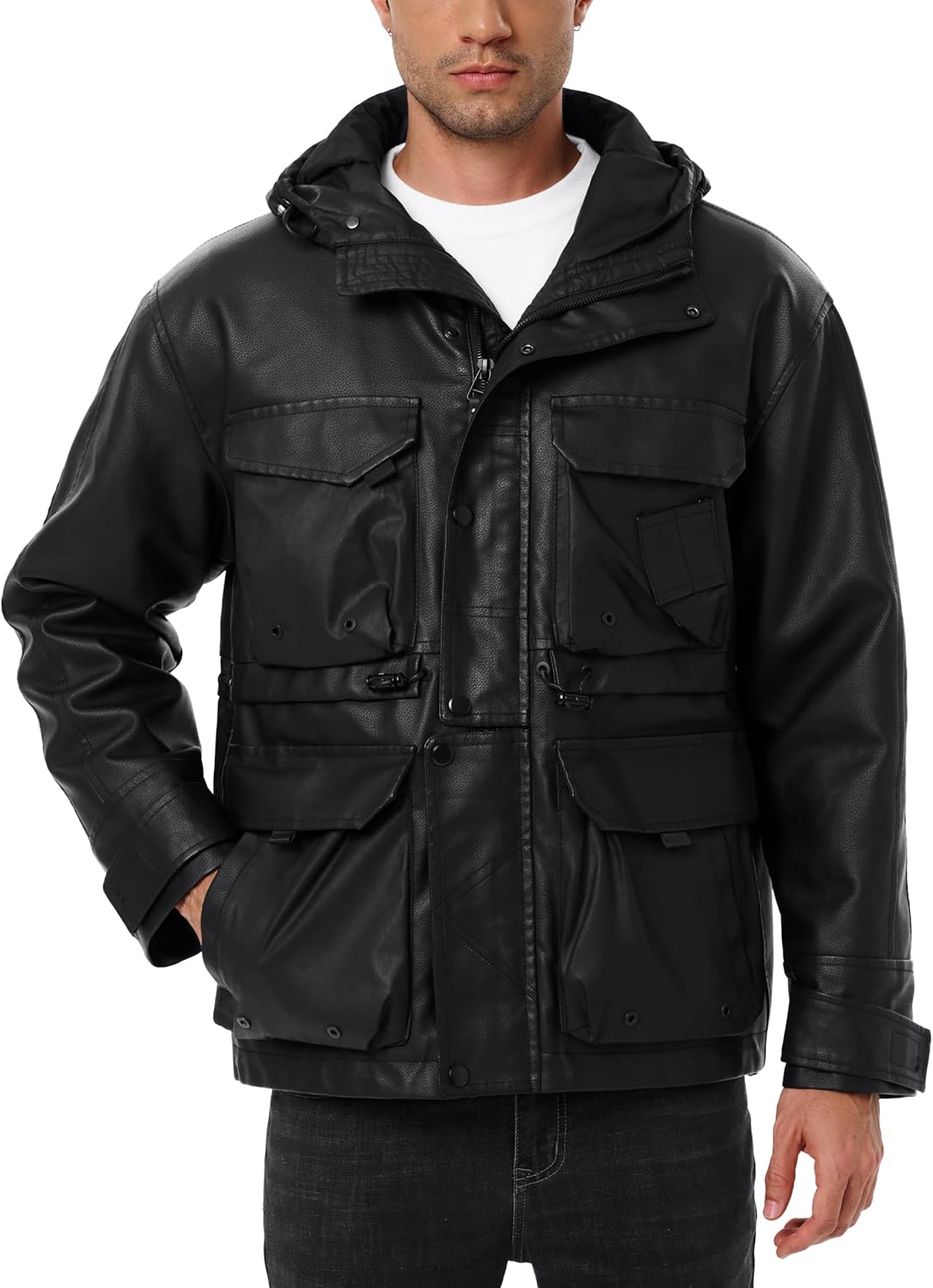 Mens Leather Jackets Casual Stand Collar PU Faux Leather Zip-Up Motorcycle Bomber Jacket With Hood - Image 2