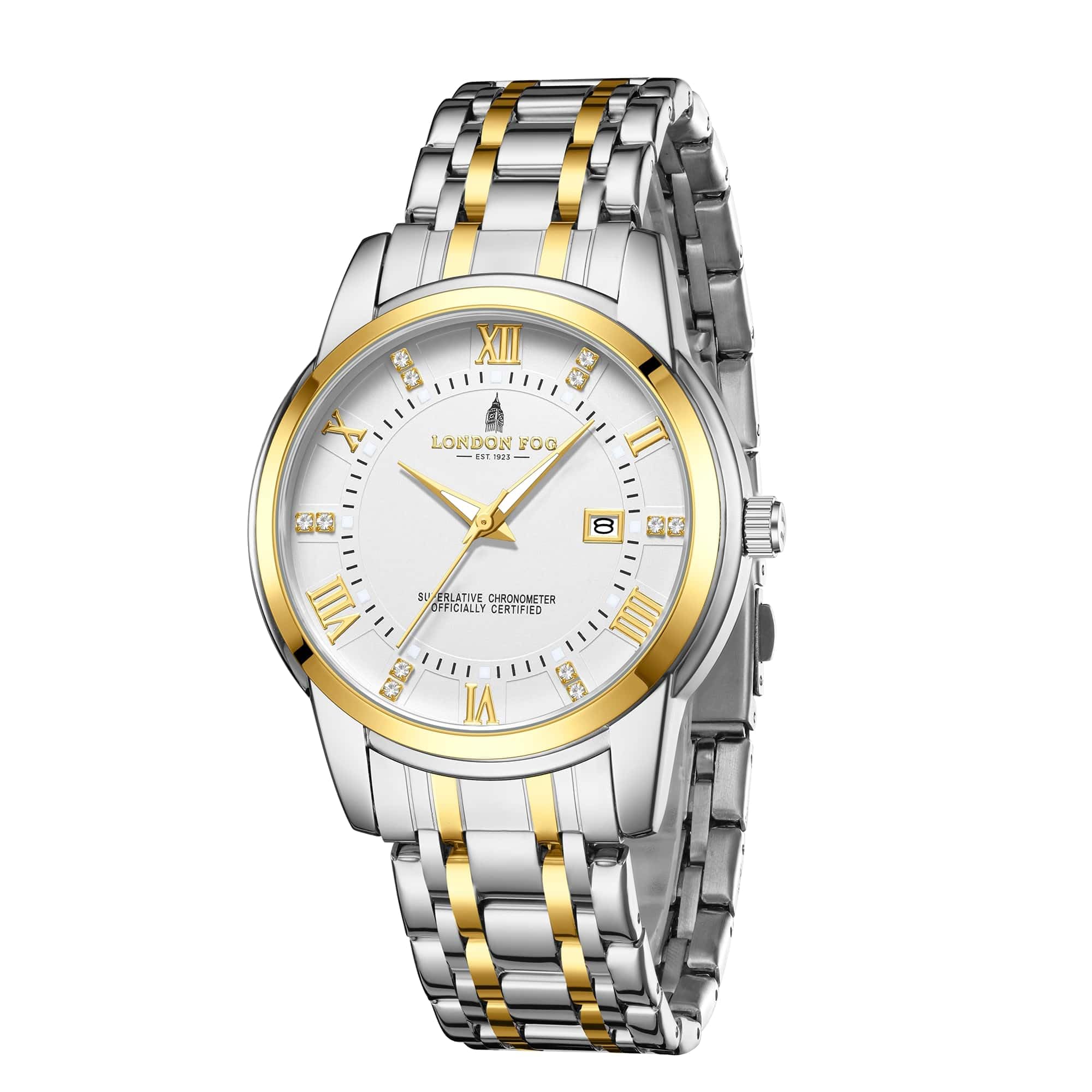 London Fog Regent Collection Analog Quartz Watch for Men with White Dial and Two Tone Silver Gold Stainless Steel Strap, Metal Case, Date Display, Luminous Hands & Hour Markers, Water Resistant