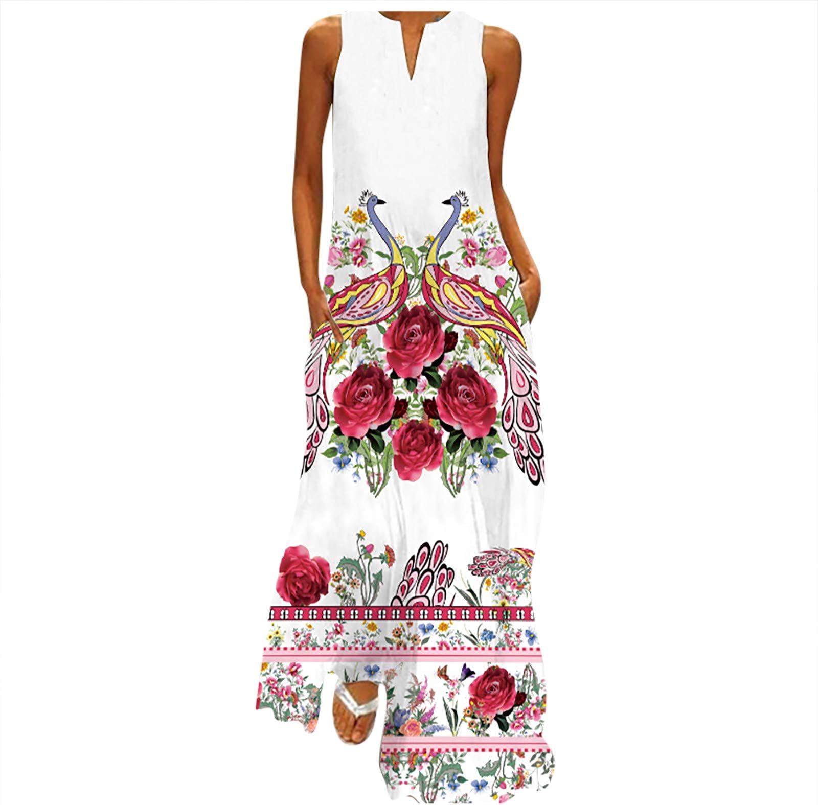 SkangSummer Dresses for Women UK Maxi Dress Plus Size Dress Floral Print Dress Sleeveless V Neck Dresses Soft Casual Long Sun Dress Bohemian Summer Dress