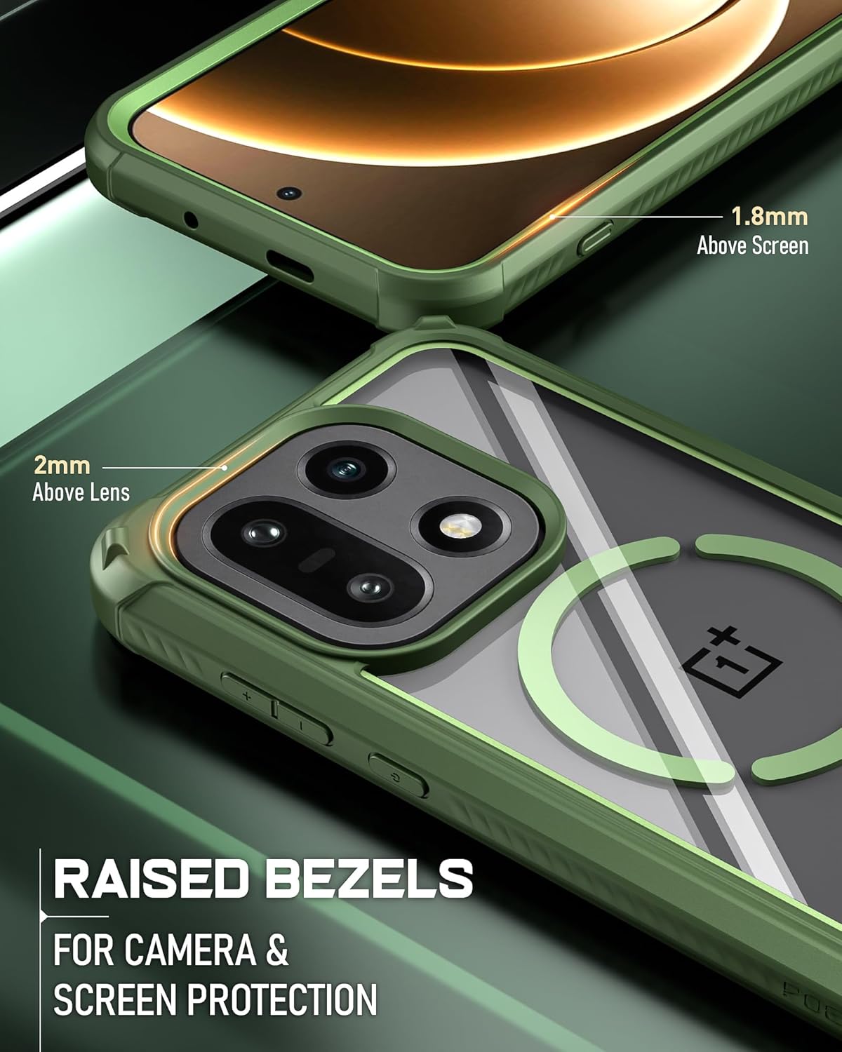 Poetic Guardian Case for OnePlus 15 5G, | Magsafe Compatible |2 Tempered Glass Screen Protector | Work with Fingerprint ID |, Full Body Shockproof Rugged Clear Cover Case, Green/Clear