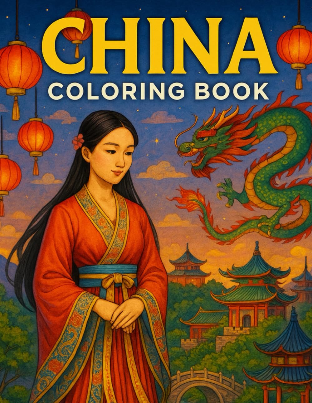China Coloring Book for Adults: Chinese Culture, Dragons, Temples, Hanfu, Lantern Festivals and Ancient Landmarks for Relaxation