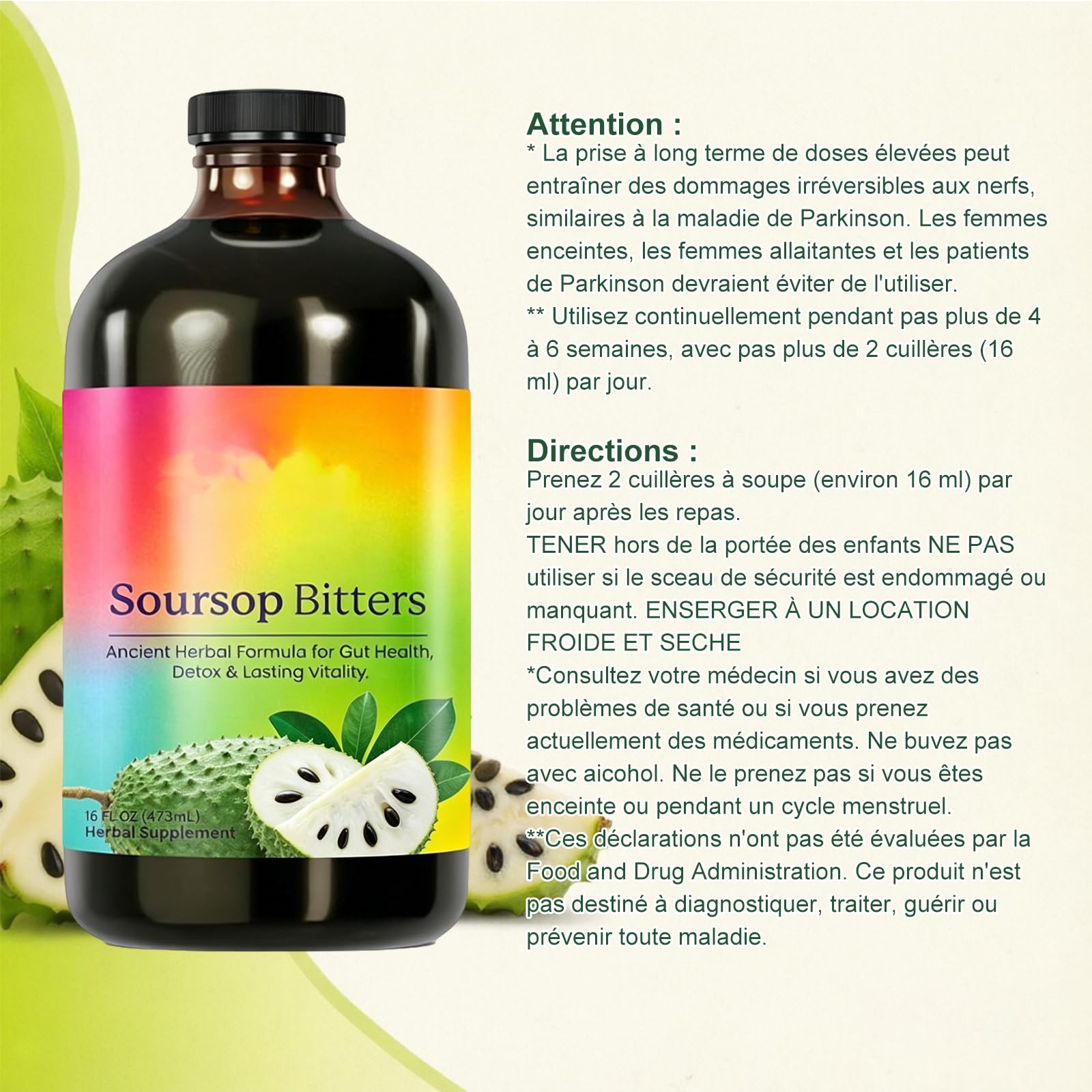 Soursop Bitters Liquido, Liquido di Soursop Bitters, Graviola, Guanabana, Corossol, Stachelannone, Supporta la salute digestiva e la funzione immunitaria, Vegano - 473ML/16FL.OZ (1 Bottle)