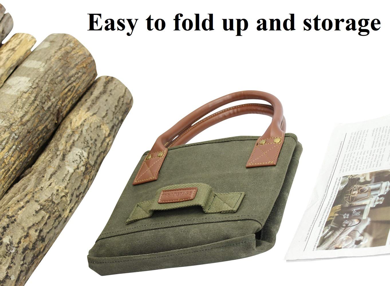 INNO STAGE Firewood Log Carrier Bag Waxed Canvas Tote Holder with Fireplace Pure Leather Gloves Set for Camping, BBQ Barbecue- Green Bag