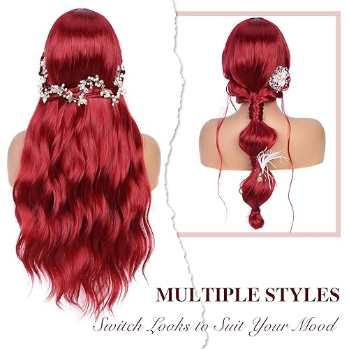 Miniatura 5 de Fancy Hair Peluca ondulada roja de 28 pulgadas, peluca sintética rizada natural para mujer, peluca larga de sirena roja con raya en medio para