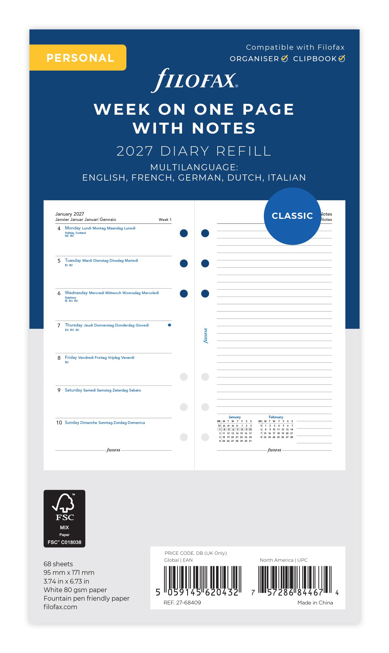 Filofax Personal Week per page with notes 5 language 2027 diary 27-68409