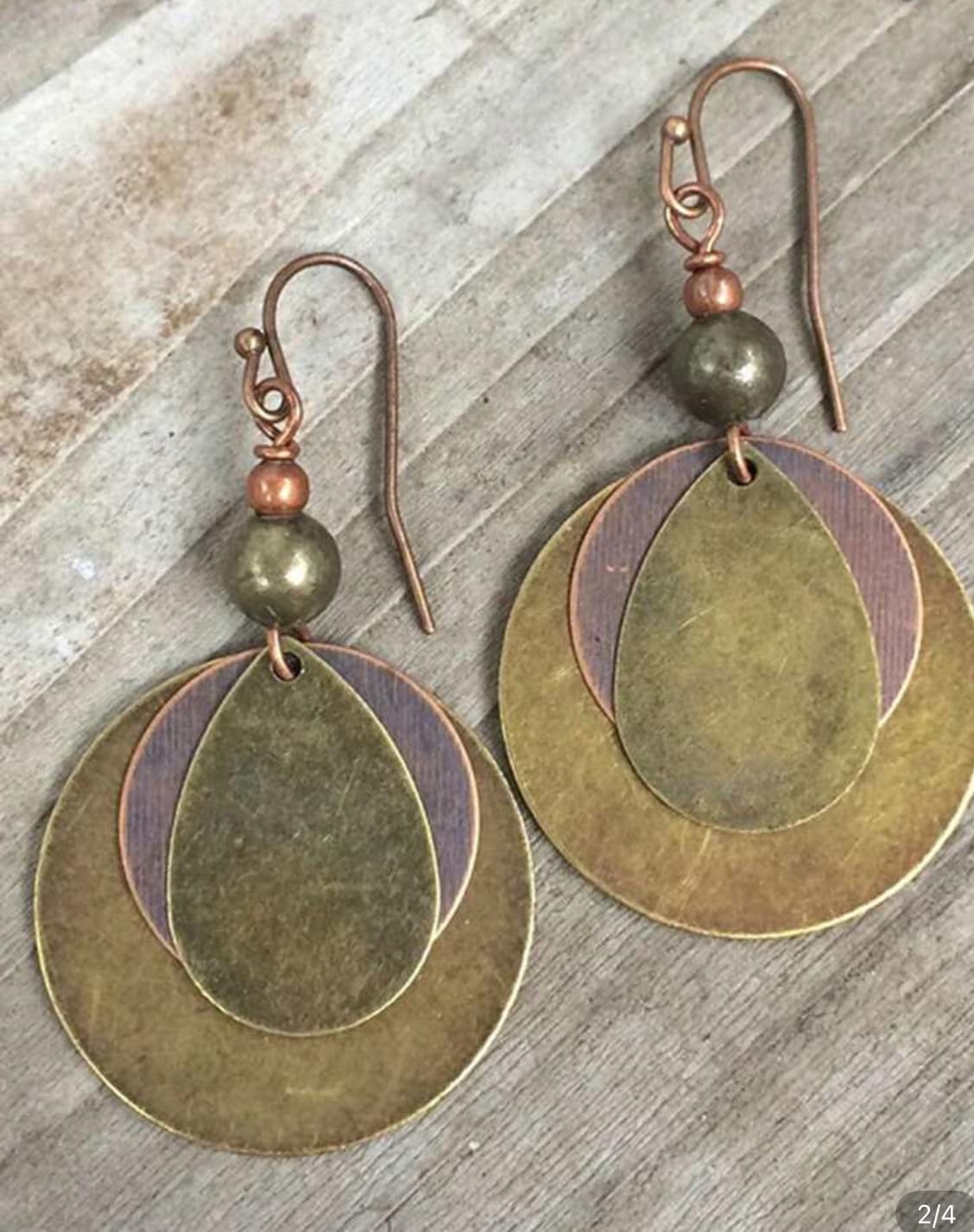 Vintage Layered Copper Disc Earrings, Brass Beads, Antique Bronze Finish, Boho Style Dangle Drop - Image 2