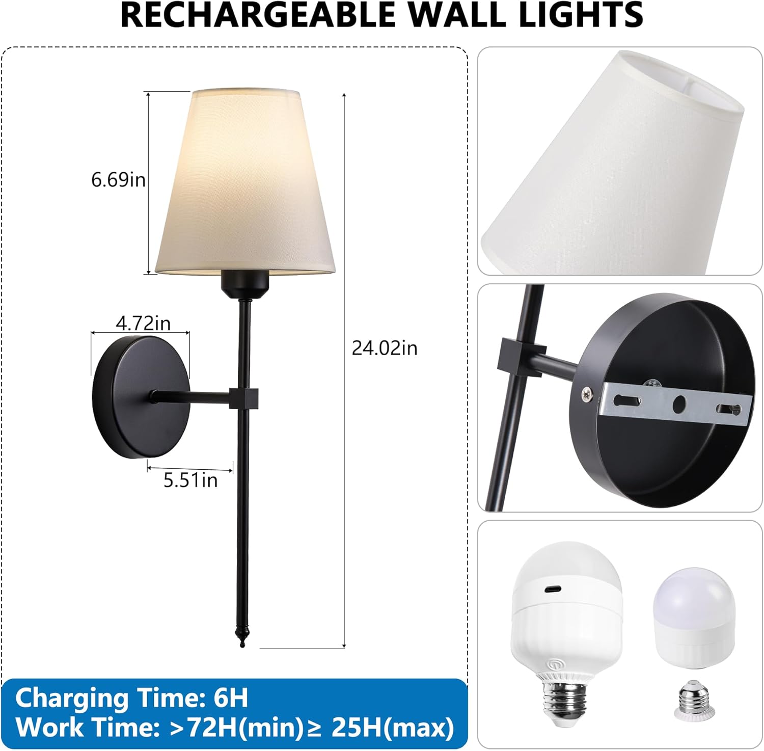 Battery Operated Wall Sconces Set of 2-70H Rechargeable Detachable Bulbs with Stepless Dimming Remote, Wireless Wall Lamps Sconces for Hallway Living Room Bedroom Decor (Black 2-Pack)