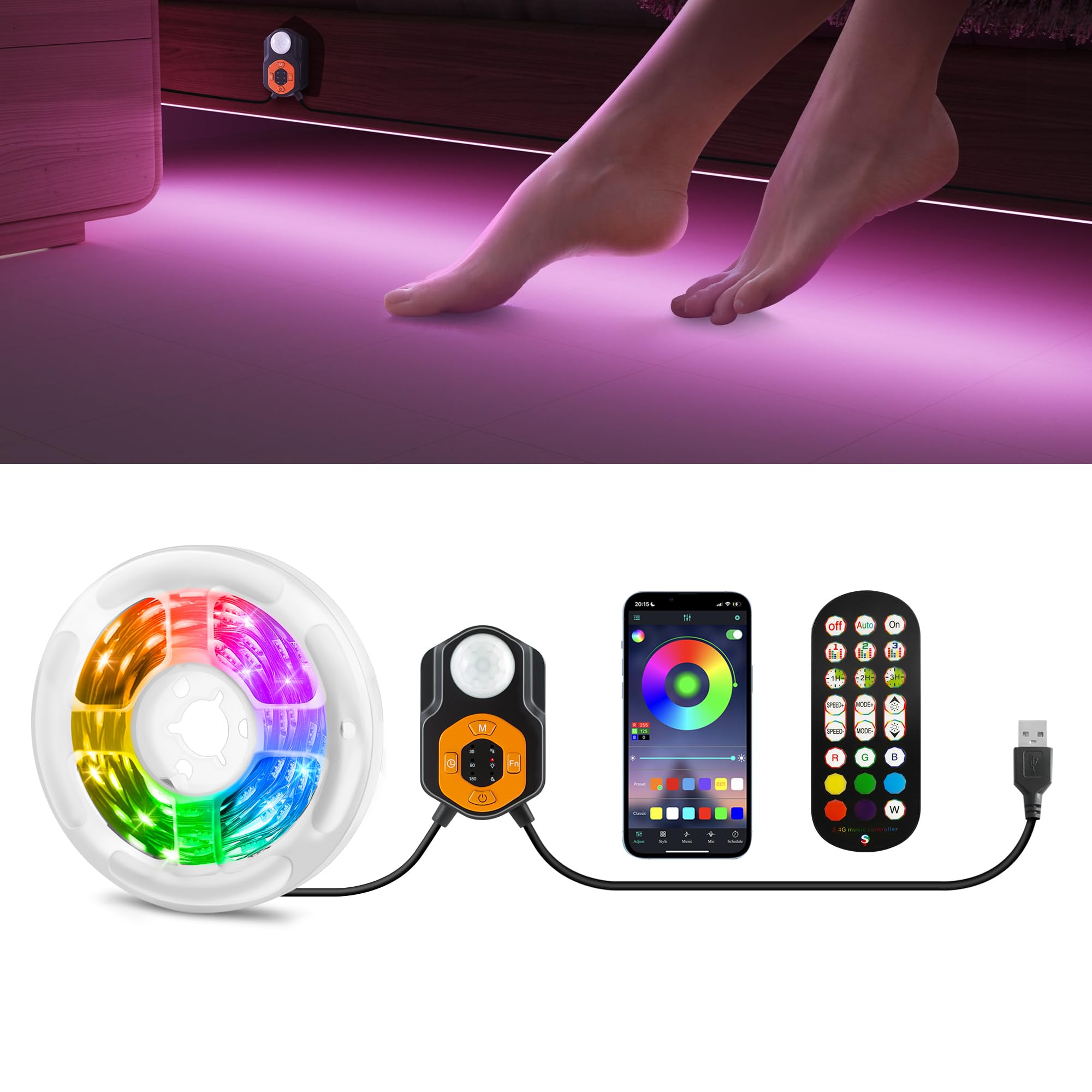 Auplf LED Strip with PIR Motion Sensor, 3m RGB LED Strip, App Control, RF Remote, Underbed Light, Wardrobe, Stair Decoration