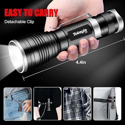 Miniatura 4 de Tokeyla Linterna táctica LED brillante, 3 modos de alto lúmenes, zoom, linternas pequeñas para uso diario, potentes para accesorios de campamento,