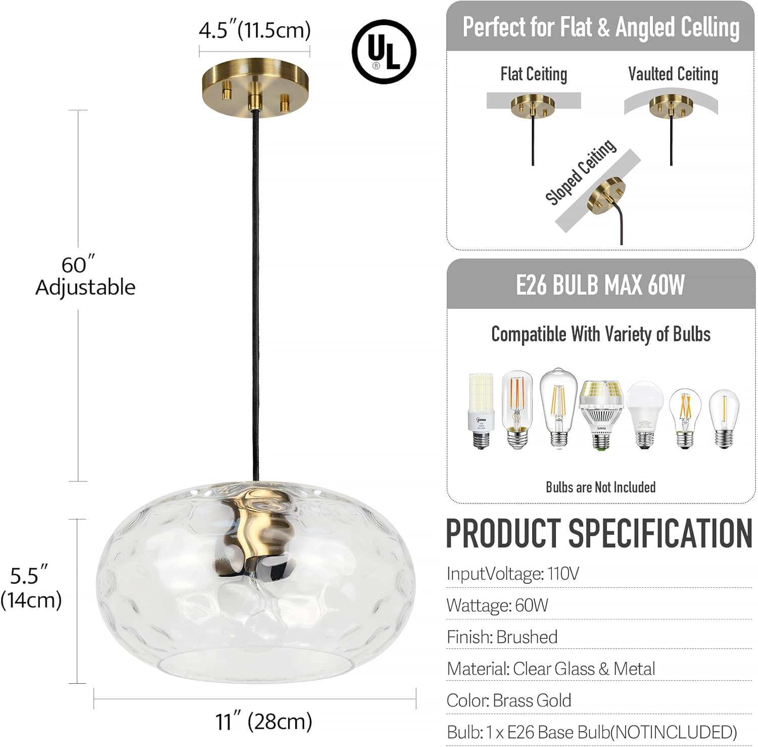 Clear Glass Pendant Lighting, 11" Hammered Lampshade Hanging Lamp, 1-Light Brass Gold Chandelier for Dining Living Room Kitchen Island