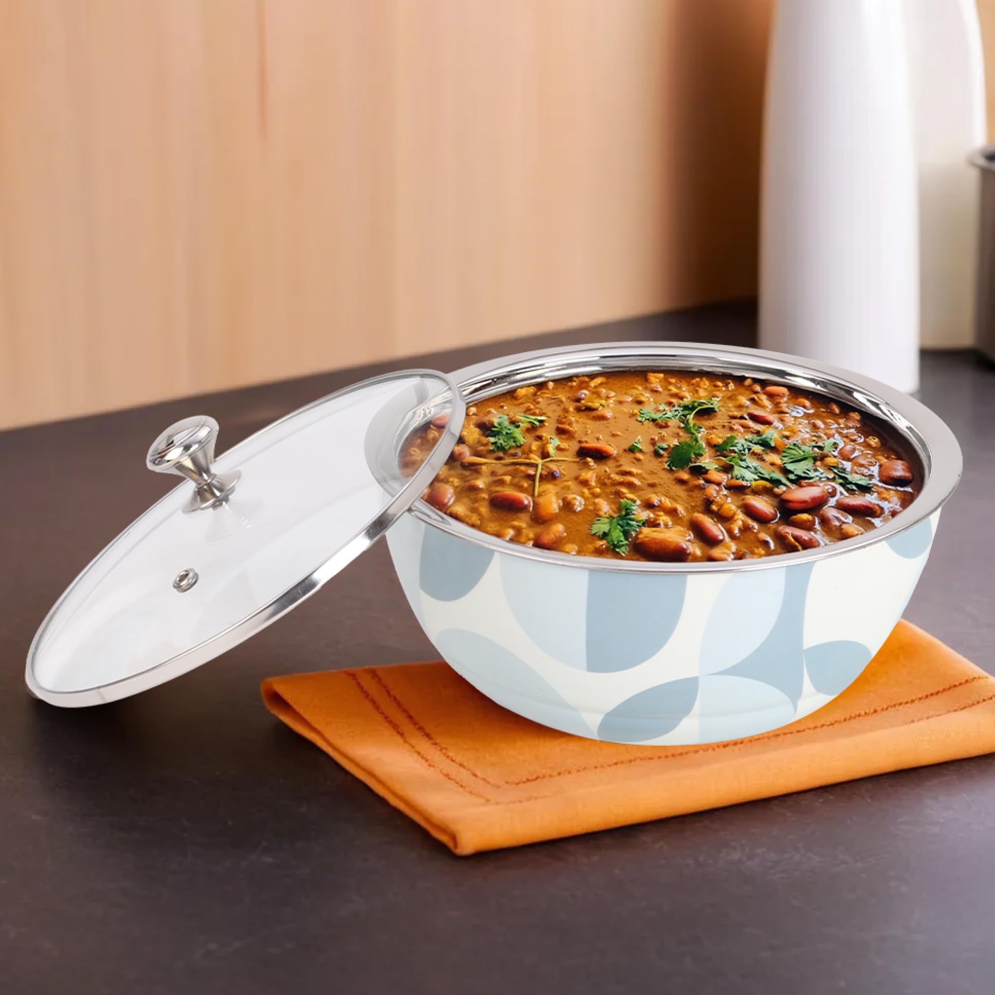 UMAI Double Walled Insulated Serving Casserole (1.5L) | Stainless Steel Hotpot With Transparent Glass Lid & Coaster | Hot Pot For Roti Box | Curry Bowls For Serving | Housewarming Gifts (Design 4)