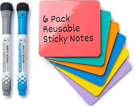 Dry Erase Sticky Notes, Reusable 6-Pack 4x4 Mini Whiteboard Stickers with 2 Magnetic Fine-Tip Markers Removable, No Residue for Fridge, Office, Classroom & Home