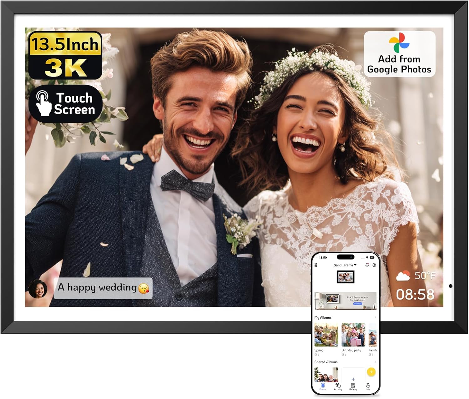 NexFoto 13.5 Inch Touchscreen Digital Picture Frame, 3K Resolution Digital Photo Frame 64GB WiFi, Unboxing Gift Mode, Add Photos from Google Photos, Share Videos, for Friends, Mom, Black