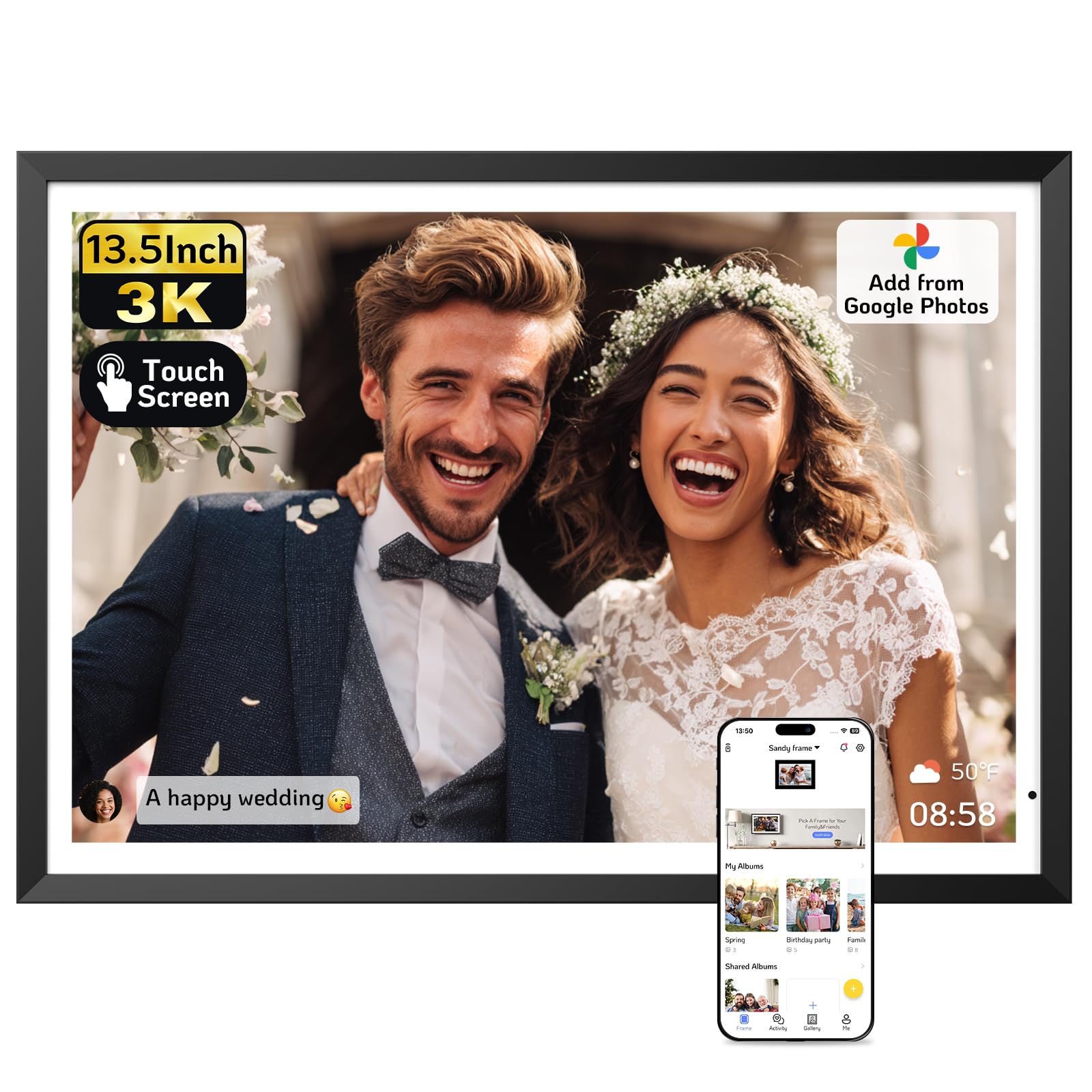 NexFoto 13.5" Digital Picture Frame 64GB, 3K Resolution Touchscreen Electronic Photo Frame, Add Pics from Google Photos, Share Photos/Videos via APP/USB, Unboxing Gift Mode, for Christmas/Mom, Black